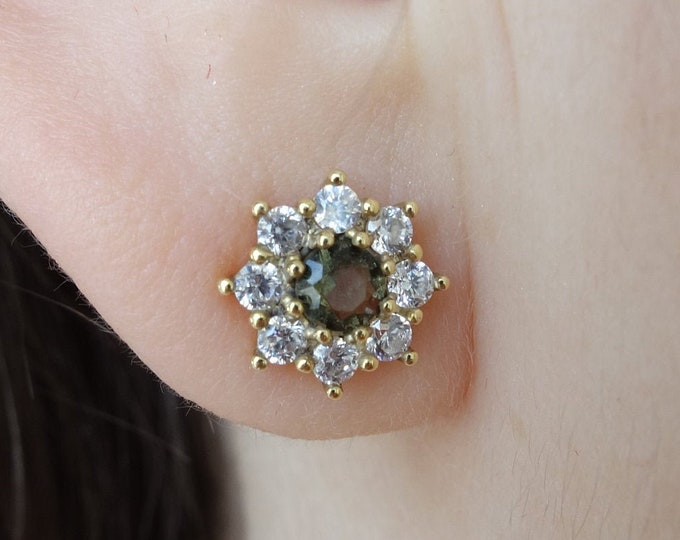 Yellow Gold 585, 14K stud screws earrings Snowdrop with faceted real flower moldavite - vltavin and cubic clear zircon with certificate