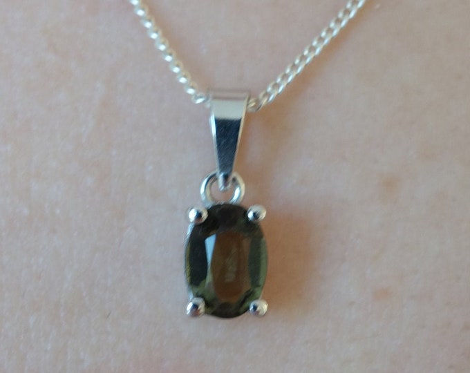 Silver moldavite pendant Small oval vltavin necklace Rare stone jewelry Gift for her