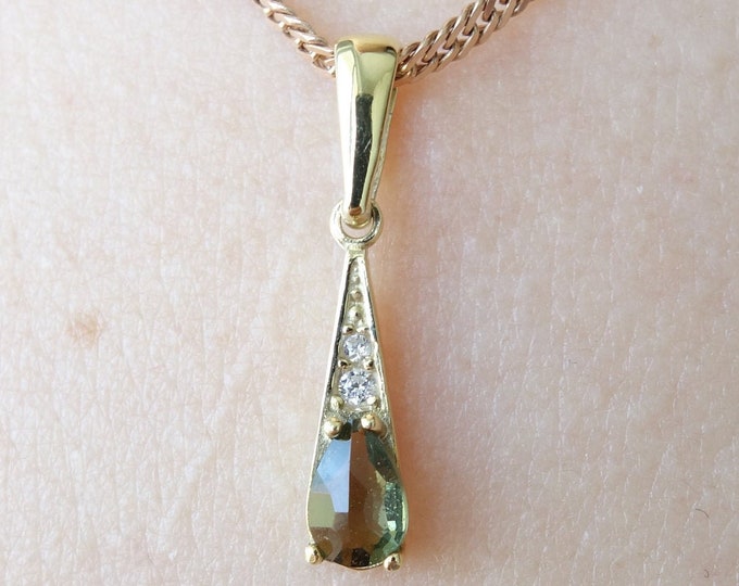 Gold plated silver pendant necklace Sirius with natural faceted drop pear real Czech meteorite moldavite - vltavin, certificate authenticity