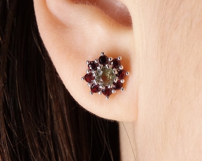 Silver poinsettia stud earrings push back with natural Czech garnets pyrope and moldavite vltavin 985, 22 K with certificate authenticity