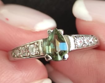 Sterling Silver Moldavite Ring: Pear Cut Czech Vltavin, Cubic Zircon