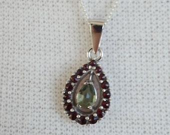 Moldavite Sterling Silver Pendant with Czech Garnets