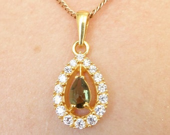 Gold plated silver pendant necklace Queen with natural faceted drop pear real Czech meteorite moldavite - vltavin, certificate authenticity