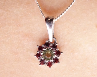 Silver Poinsettia Pendant: Czech Garnet & Moldavite, 925 Sterling
