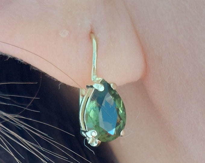 Gold plated silver earrings with real faceted drop Czech meteorite Forest moldavite - vltavin with French Lock certificate authenticity