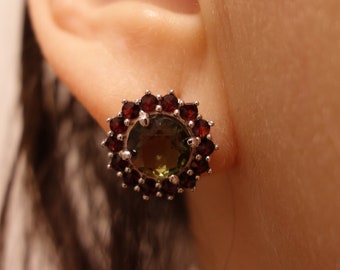 Silver earrings green ray with natural lux faceted Czech garnets and moldavite 985, 22 K, certificate of authenticity