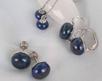 Black pearl silver earrings, Studs with large natural freshwater pearl, threader chain earrings black pearl, claps earrings large pearl