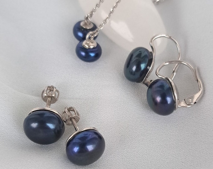 Black pearl silver earrings, Studs with large natural freshwater pearl, threader chain earrings black pearl, claps earrings large pearl