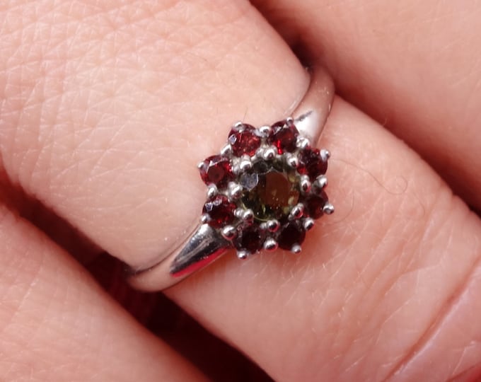 Silver Poinsettia ring size 6 7 8 with Czech natural garnets pyrope and moldavite vltavin 925 Sterling Silver 22 K certificate authenticity