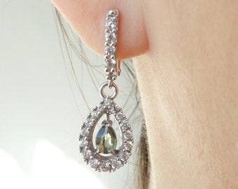 Silver earrings queen with faceted drop moldavite - vltavin and cubic clear zircon with English Lock Ag 925+Rh certificate authenticity