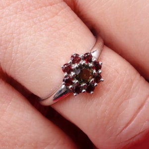Silver Poinsettia ring size 6 7 8 with Czech natural garnets pyrope and moldavite vltavin 925 Sterling Silver 22 K certificate authenticity