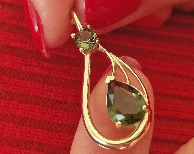 Pendant Aphrodite with natural moldavites in white and yellow gold 925 Sterling Silver 22 K, 585 White Gold 14 K, 585 Yellow Gold 14 K