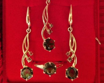 Jewelry set with faceted Czech moldavite vltavin earrings pendant ring any size 6 7 8 Sterling Silver 925 22K, White yellow Gold 14K 585