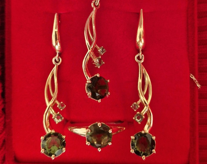 Jewelry set with faceted Czech moldavite vltavin earrings pendant ring any size 6 7 8 Sterling Silver 925 22K, White yellow Gold 14K 585