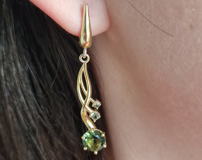 Dangle Earrings faerie with faceted round Czech meteorite moldavite 925 Sterling Silver 22 K, 585 White Gold 14 K, 585 Yellow Gold 14 K
