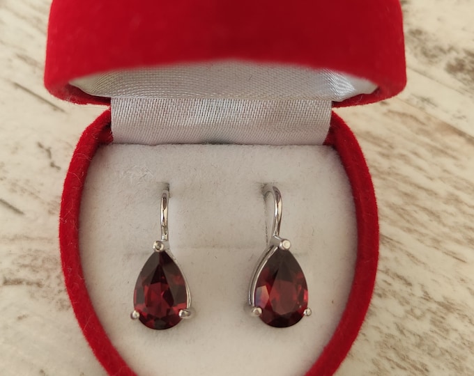Silver delicate garnet drop earrings January birthstone on a claps with Czech pyrope jewelry certificate authenticity rhodium coating