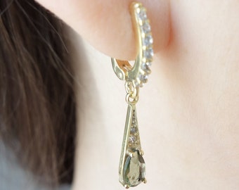 Gold Plated Silver Moldavite Drop Earrings with Zircon