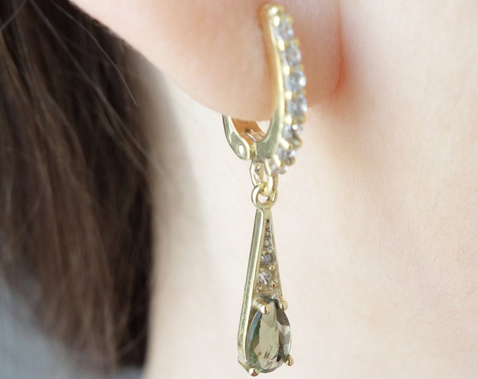 Gold plated gilded silver earrings Sirius with faceted drop moldavite - vltavin, cubic clear zircon, English Lock, certificate authenticity