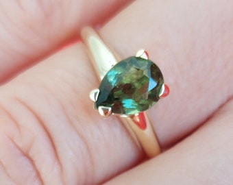 Engagement ring with faceted drop Czech vltavin moldavite 925 Sterling Silver 22 K + Rh, 585 Yellow Gold 14 K Gold plated silver 925