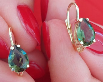 Earrings leverback with natural moldavite vtalvin Czech meteorite in 925 Sterling Silver 22 K, 585 Yellow Gold 14 K, Gilded silver 925