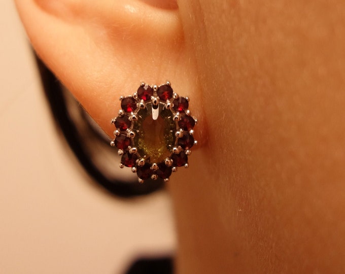 Silver earrings camellia with natural oval faceted Czech garnets and moldavite English lock 985, 22 K, Ag+Rh certificate of authenticity