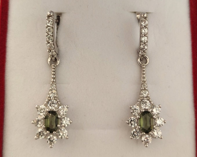 Silver dangle earrings Angel with faceted real oval moldavite - vltavin and cubic clear zircon with English Lock certificate authenticity