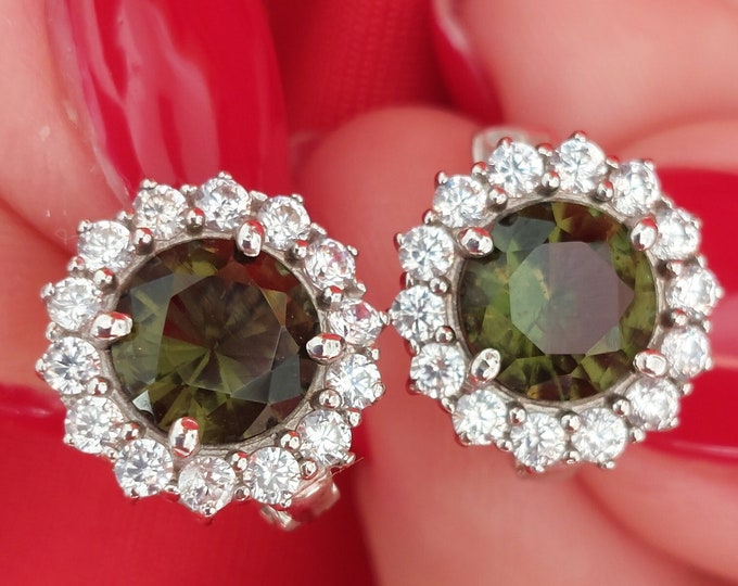 Silver earrings Green Sun with faceted round moldavite - vltavin and cubic clear zircon with English Lock Ag 925+Rh certificate authenticity