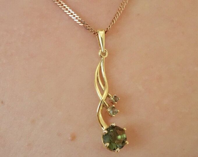 Gold plated silver pendant necklace Faerie with natural faceted round real Czech meteorite moldavite - vltavin with certificate authenticity