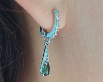 Moldavite Dangle Earrings: Sterling Silver, Cubic Zircon, Certificate