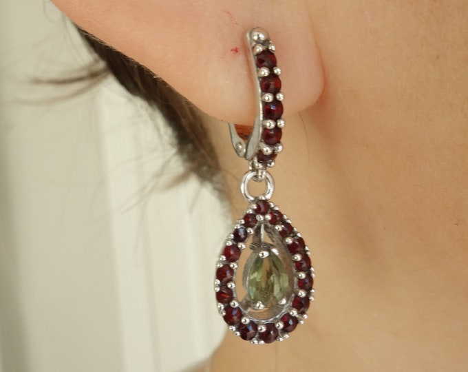 Silver earrings Andromeda with real natural Czech garnets and green moldavite with English Lock Ag 925/1000, 22 K certificate authenticity