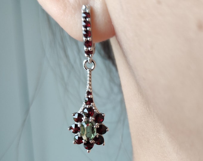 Silver chandelier dangle earrings with natural Czech faceted meteorite real moldavite and garnets with English Lock certificate authenticity