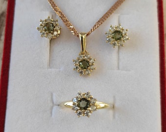 Gold plated gilded silver set pendant, ring, earrings screws Snowdrop with Czech moldavite vltavin certificate authenticity in stock