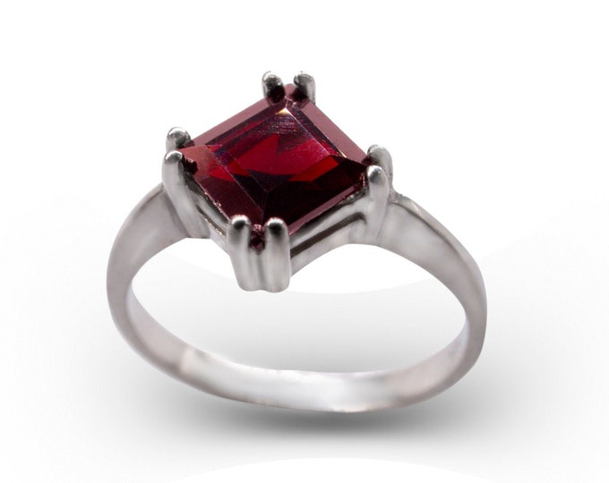 Women's silver natural square garnet ring January birthstone Czech pyrope ring certificated, any size in stock 6,7,8,9 anniversary