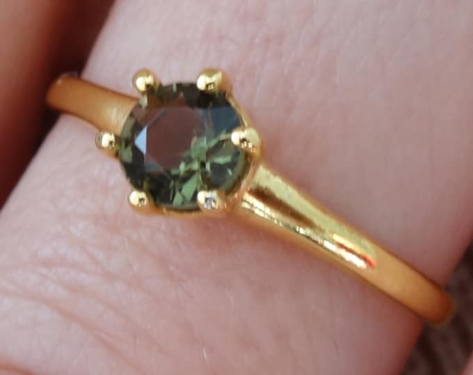 Gold plated gilded Silver engagement ring with faceted real natural round moldavite vltavin 925 22K, certificate authenticity any size 6 7 8