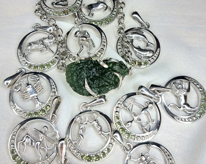 Zodiac moldavite silver pendant, Real Czech meteorite moldavite, cosmic powerful stone, Horoscope Astrology Sign Medallion Pendant