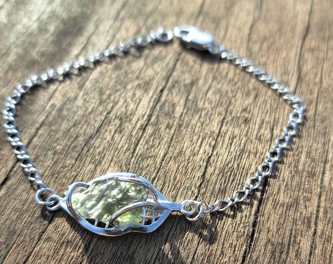 Silver moldavite chain bracelet uncut raw meteorite with Czech moldavite - vltavin, sterling silver 925,certificate authenticity