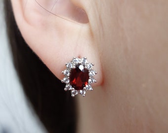 Silver Kate earrings with natural Czech garnet January birthstone and transparent zircons Luxurious pyrope certificate of authenticity