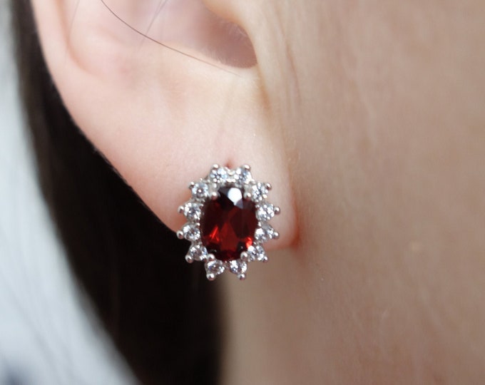 Silver Kate earrings with natural Czech garnet January birthstone and transparent zircons Luxurious pyrope certificate of authenticity