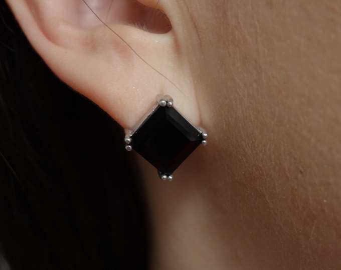 Silver square garnet earrings Natural Czech pyrope studs Ear jewelry decorated red stone Gift for her certificated screws