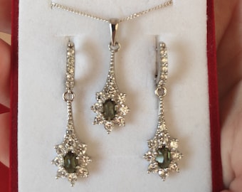 Sterling Silver jewelry set Angel with oval luxury certificated Czech moldavite and cubic zirconia dangle earrings English lock pendant