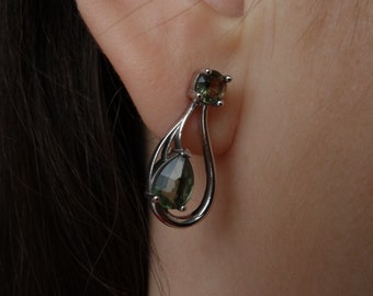 Moldavite Drop Earrings: Sterling Silver Vltavin, Czech Meteorite