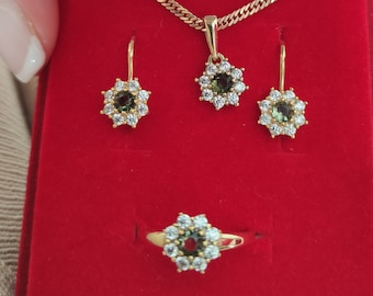 Gold plated gilded silver set pendant, ring, earrings French lock Snowdrop with Czech moldavite vltavin certificate authenticity in stock