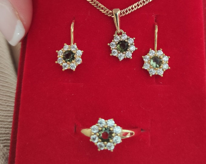 Gold plated gilded silver set pendant, ring, earrings French lock Snowdrop with Czech moldavite vltavin certificate authenticity in stock