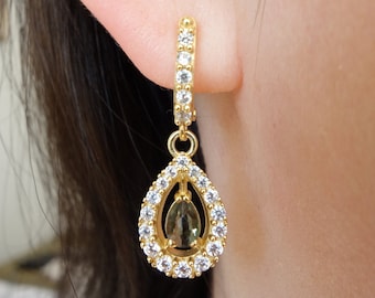 Gold Plated Silver Moldavite Earrings with Zircon