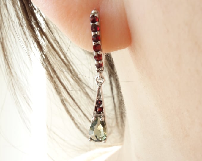 Silver 925, 22K earrings Orion with faceted drop Czech meteorite moldavite and natural garnets with English Lock certificate authenticity