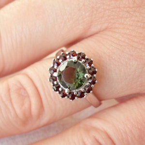 Silver ring Green Ray with Czech round faceted moldavite and garnets engagement ring Ag 925 Sterling 22K certificate authenticity