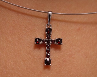 Silver garnet cross January birthstone pendant necklace with natural round red Czech garnet pyrope certificate authenticity, sterling 925