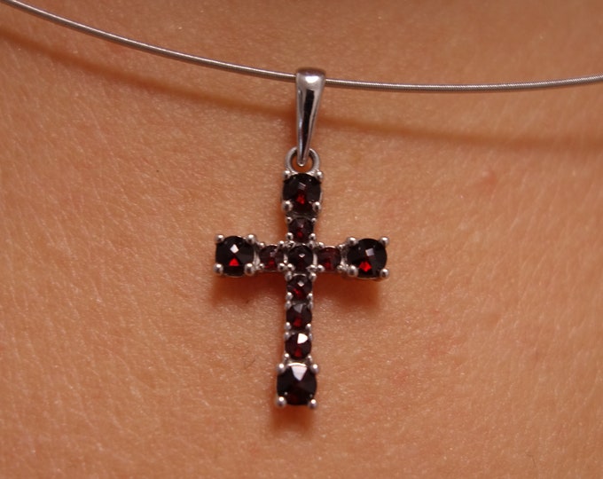 Silver garnet cross January birthstone pendant necklace with natural round red Czech garnet pyrope certificate authenticity, sterling 925