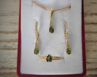 Gold plated gilded silver 925 set pendant, ring, earrings English lock Sirius with Czech moldavite vltavin certificate authenticity in stock