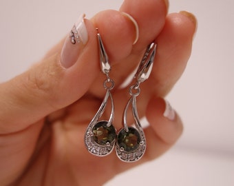 Silver Chandelier Moldavite Earrings: Green Czech Vltavin, Certificate